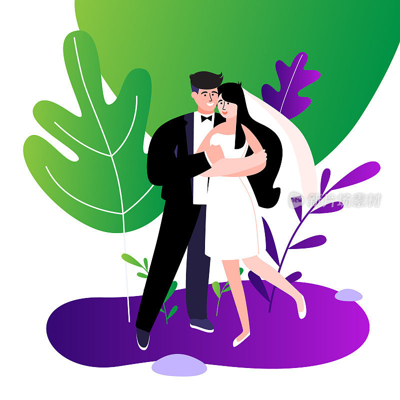 Vector illustration of the bride and groom on the background of foliage. Newlyweds hugging in the park.
